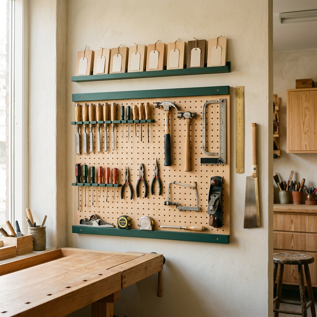 Panneau d'outils à main rangés, étagère d'échantillons de bois, réglet en laiton