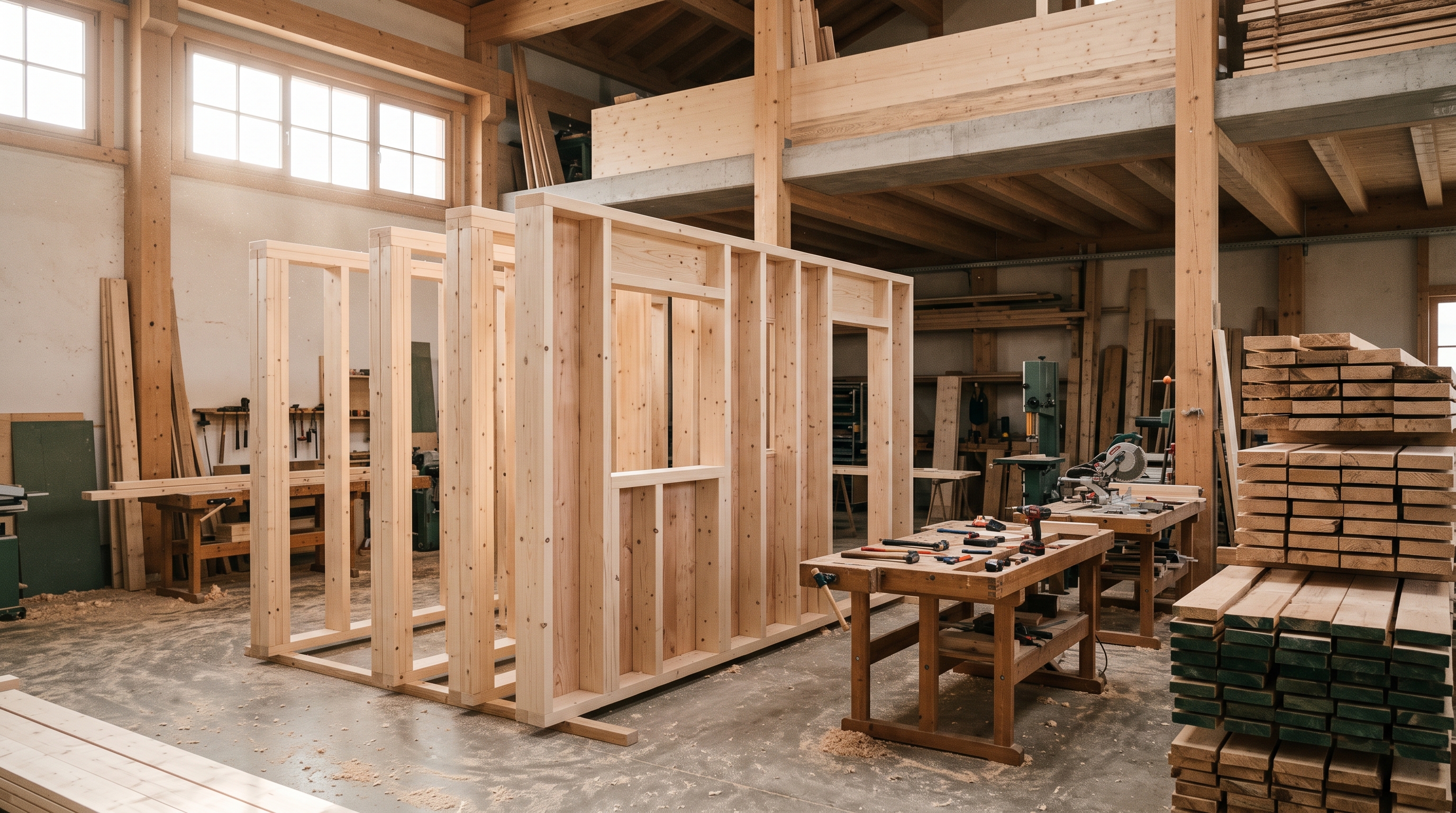 Intérieur de l'atelier : murs à ossature bois d'une tiny house dressés, piles de mélèze, établis sous la lumière du matin