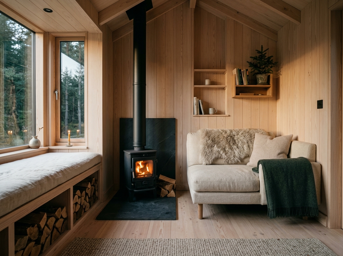 Séjour de la tiny house avec petit poêle à bois noir sur socle en ardoise, banquette et peau de mouton