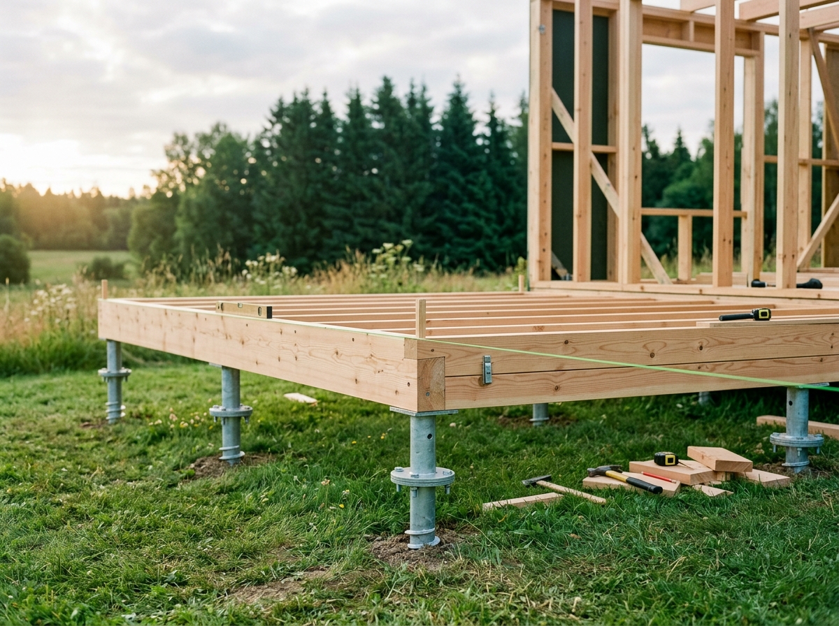 Pieux vissés et solivage mélèze d'une micro-maison en début de chantier