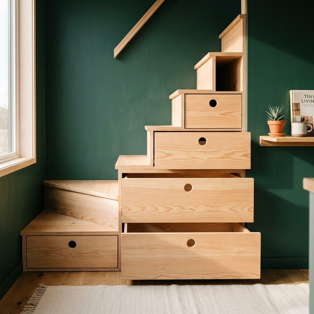 Escalier-rangement en contreplaqué : chaque marche est un tiroir
