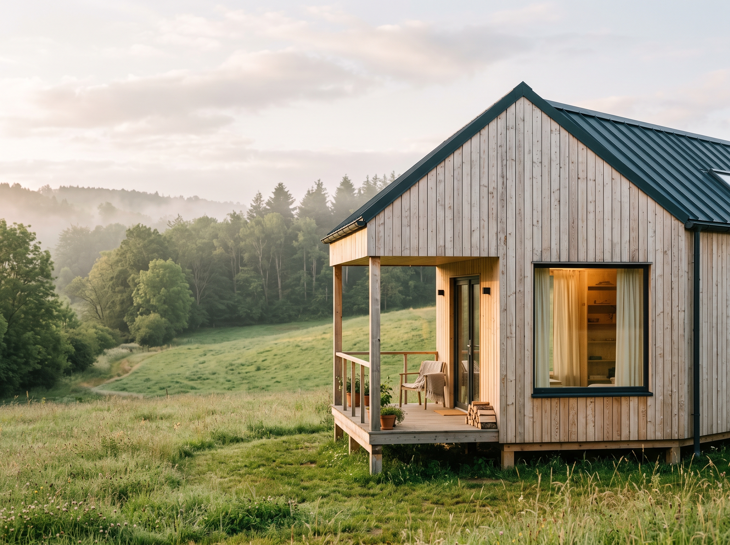 Micro-maison en bardage mélèze clair posée dans une prairie luxembourgeoise, grande baie vitrée carrée