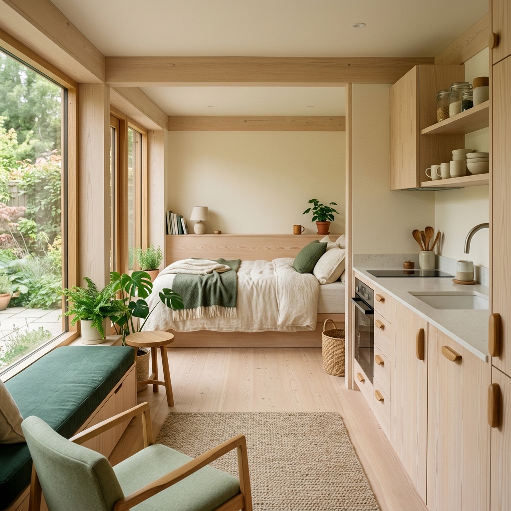 Intérieur lumineux de l'annexe : kitchenette en chêne aux poignées arrondies, alcôve de lit avec étagère