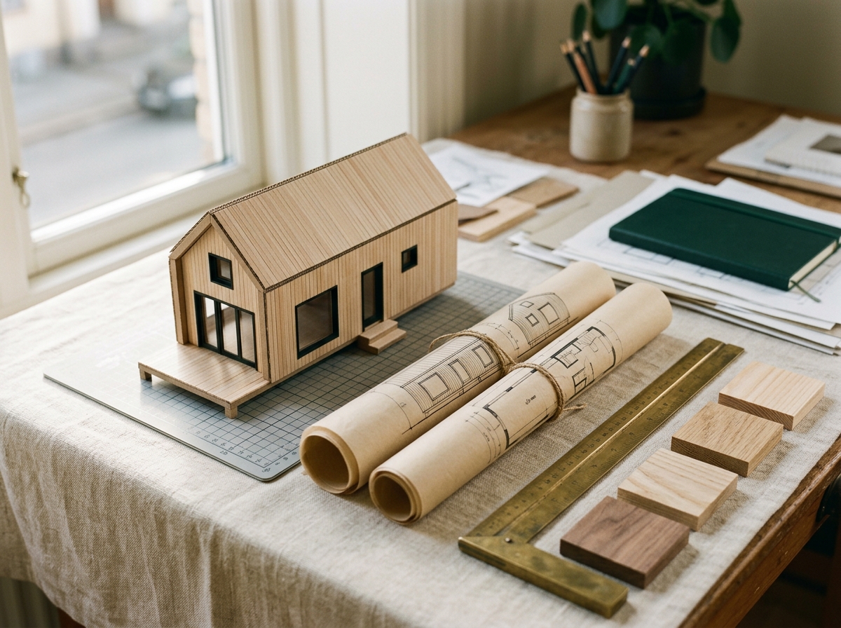 Maquette carton d'une tiny house à l'échelle 1:20 sur l'établi de l'atelier, échantillons de bois et réglet laiton