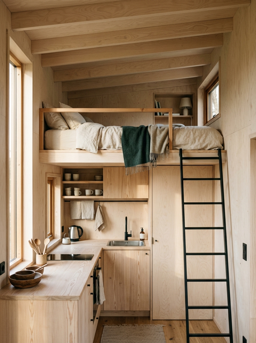 Intérieur compact avec mezzanine de nuit au-dessus de la cuisine à Echternach
