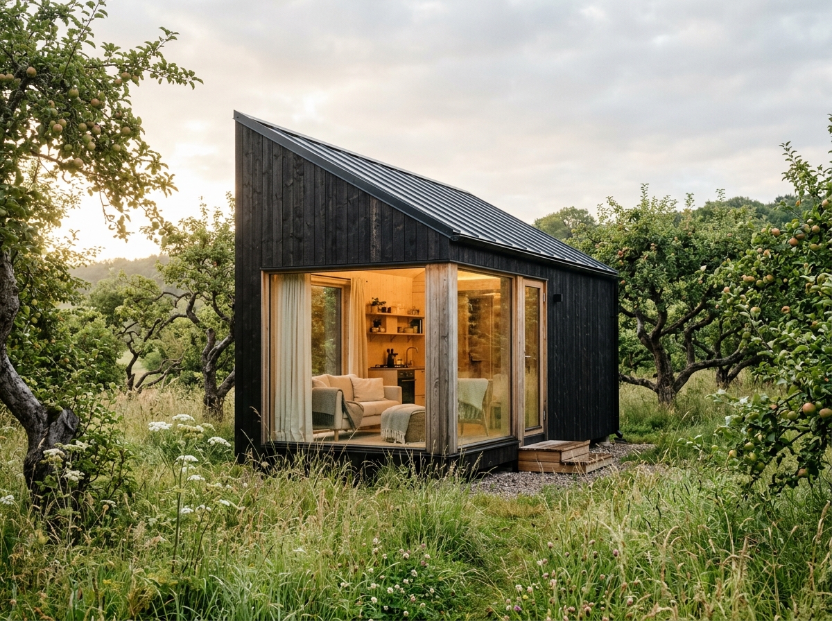 Micro-maison en bois brûlé au toit monopente dans un verger à Mersch