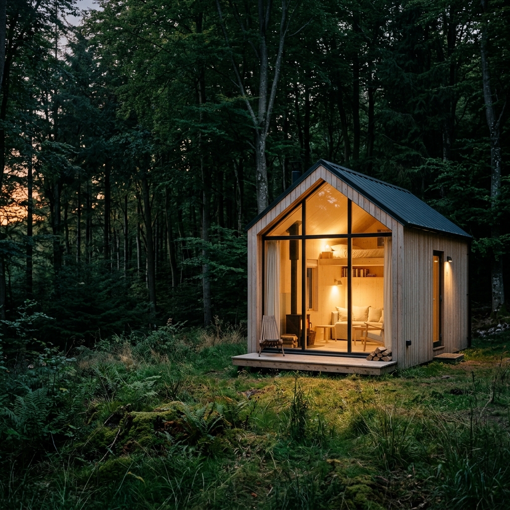 Tiny house à façade vitrée en lisière de forêt à Redange, lumière chaude au crépuscule