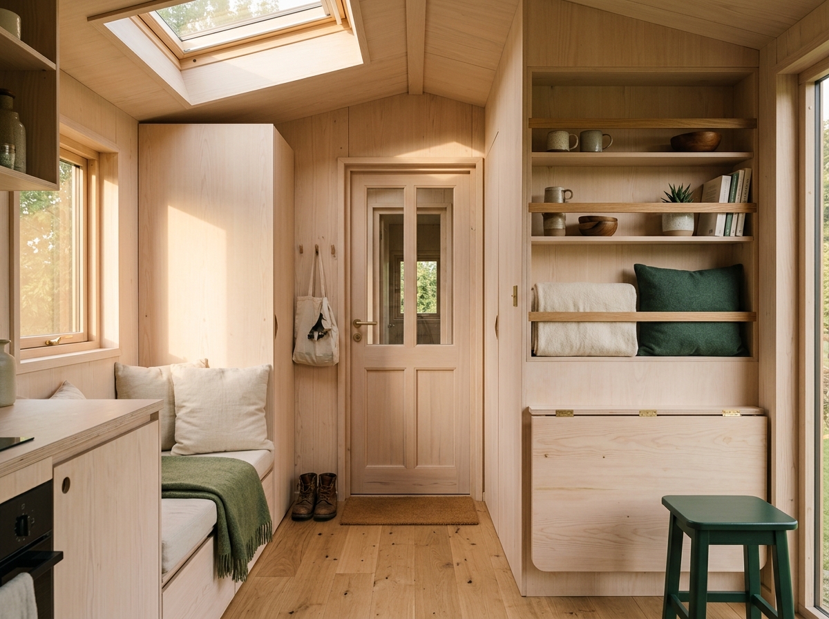 Intérieur d'une tiny house sur roues : mobilier intégré en contreplaqué, table repliée contre la cloison