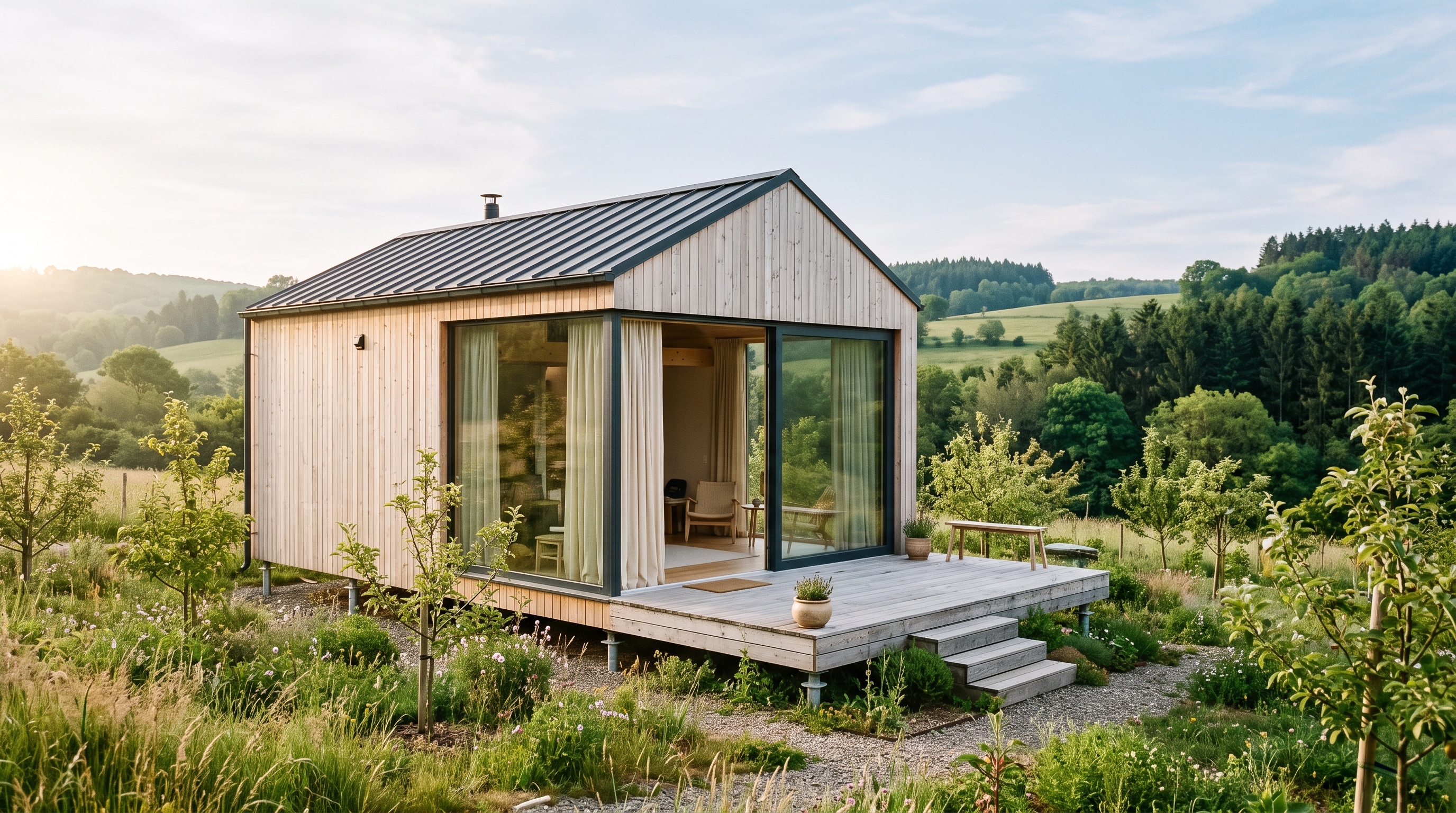 Micro-maison en ossature bois sur pieux vissés avec terrasse basse, dans un jeune jardin luxembourgeois