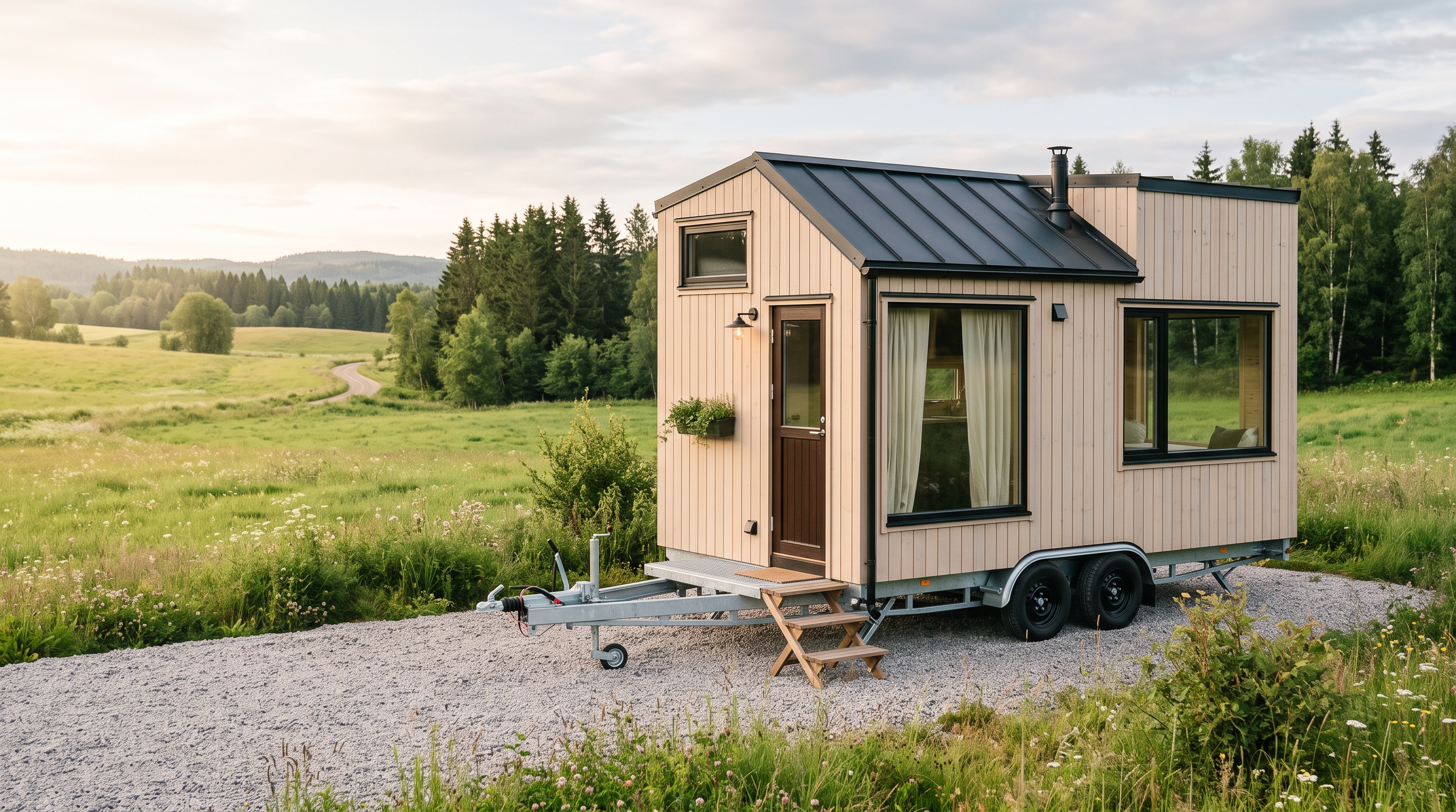 Tiny house en mélèze clair posée sur sa remorque double essieux galvanisée, dans une prairie