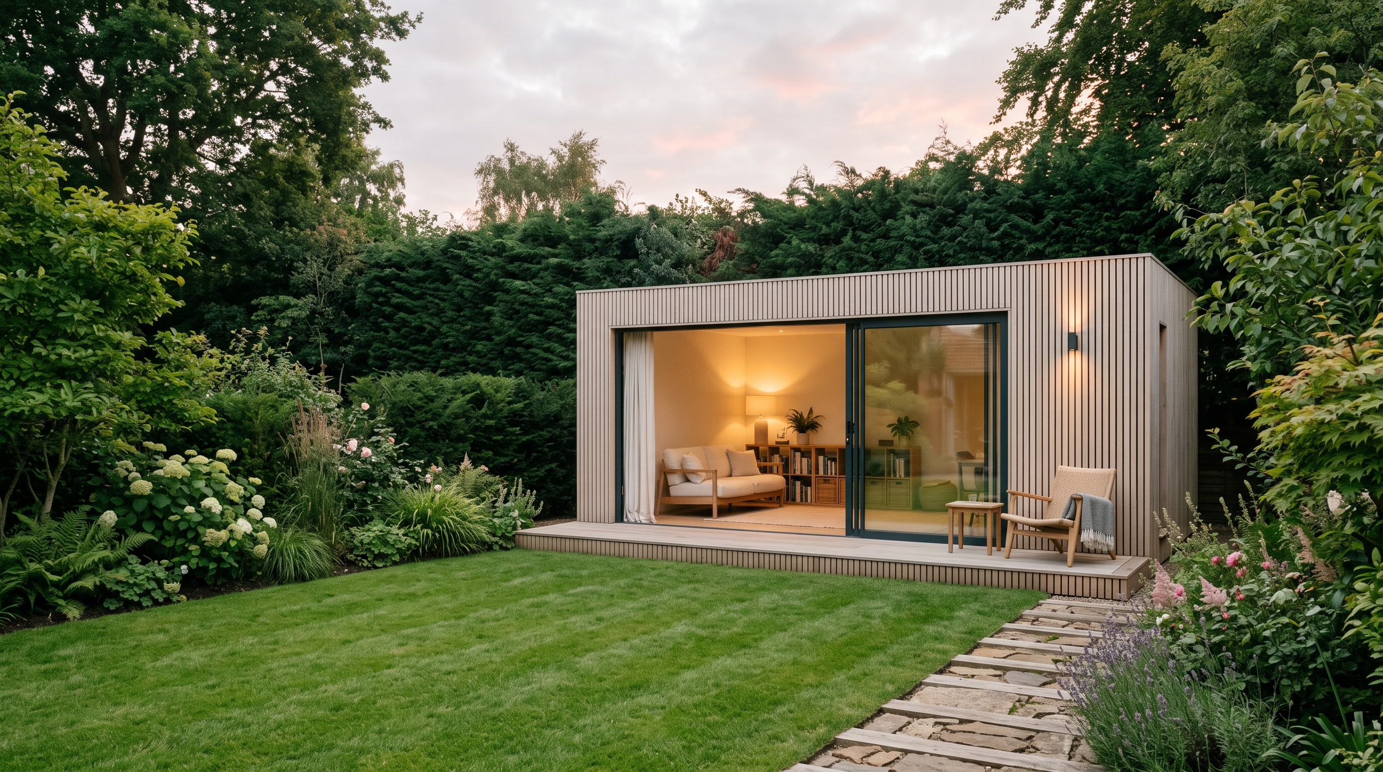 Studio de jardin en bois clair au fond d'une pelouse, grande baie coulissante éclairée au crépuscule