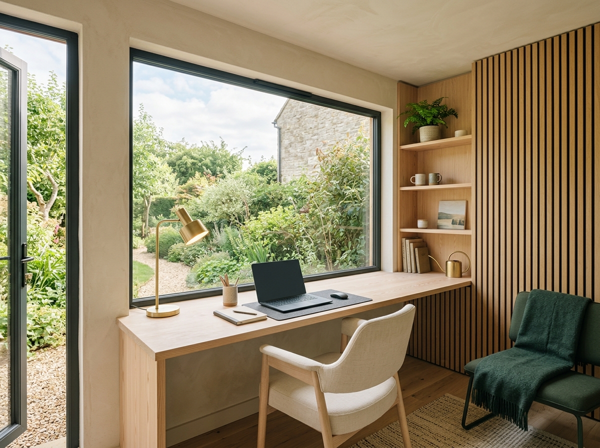 Intérieur d'un bureau de jardin : bureau filant sous la fenêtre, mur en tasseaux acoustiques