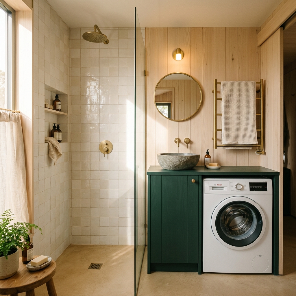 Salle d'eau compacte avec lave-linge sous vasque en pierre et douche en zellige clair