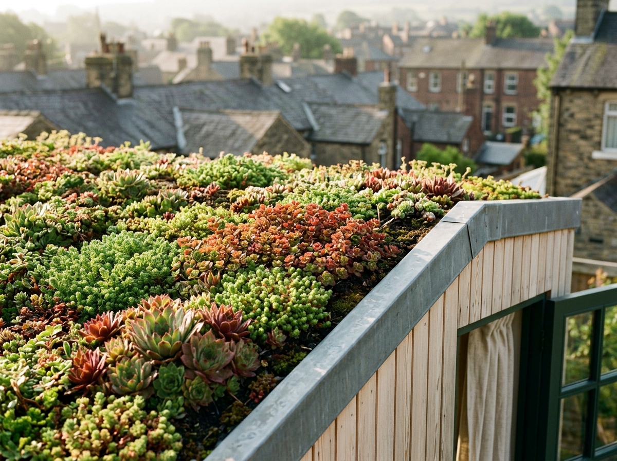 Gros plan sur la toiture végétalisée de sedums rouges et verts, profil zinc, toits d'Esch en arrière-plan