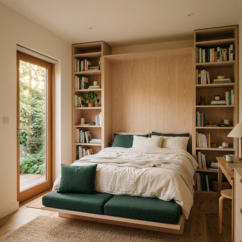 Lit escamotable déplié au-dessus d'une banquette dans un studio de jardin, bibliothèques latérales