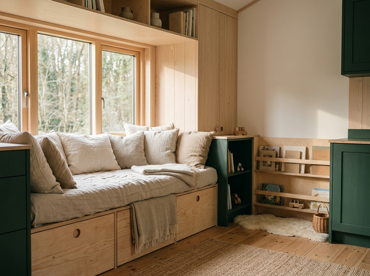 Séjour de micro-maison avec banquette-fenêtre profonde à tiroirs et coin lecture enfant